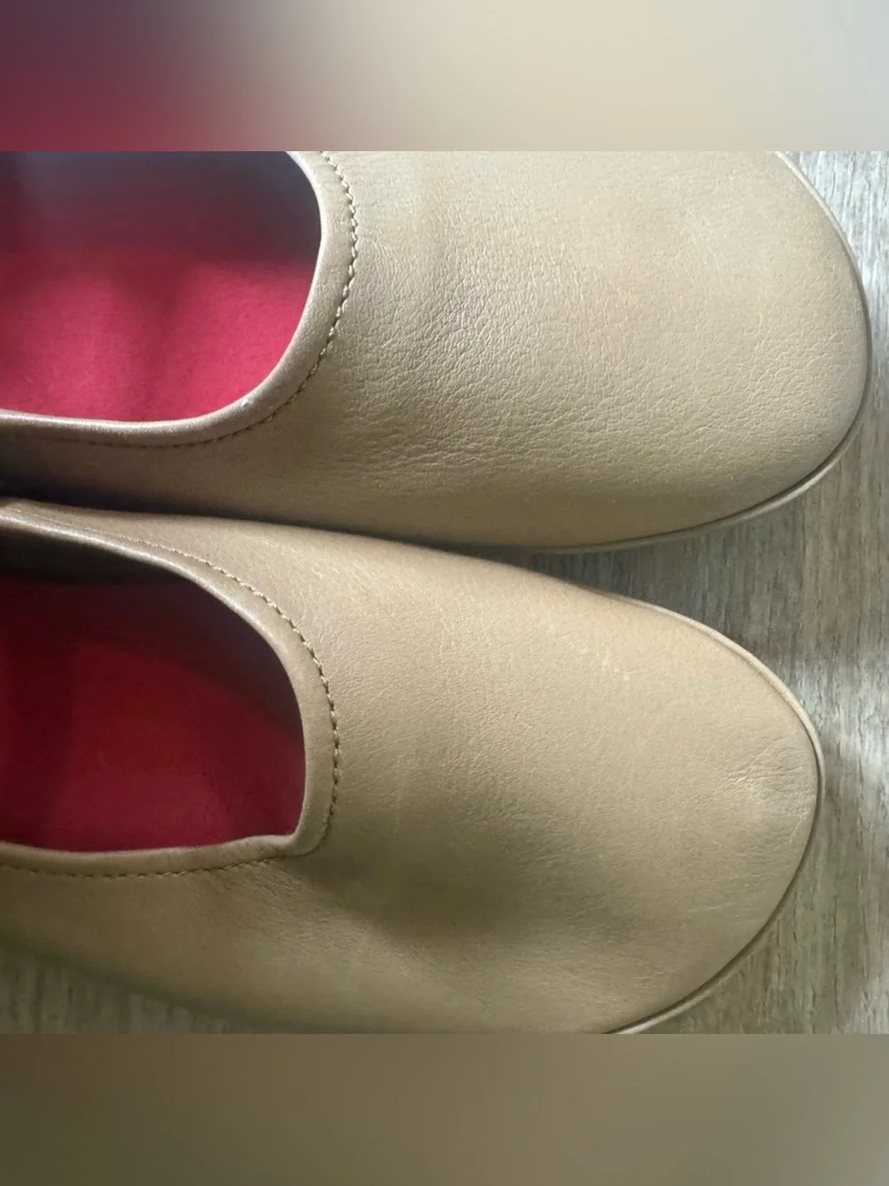 Camper Tan Leather Mary Jane Flats with Black Strap and Red Insole
